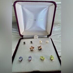 Sterling Silver Stud Earrings Set of 5 Assorted Multicolor Gemstones/CZ 3/4/5 MM